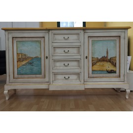 CREDENZA IN LENO MASSELLO DECORATA A MANO CON PAESAGGIO VENEZIA DIPINTI A MANO PRODUZIONE ESTEACASA