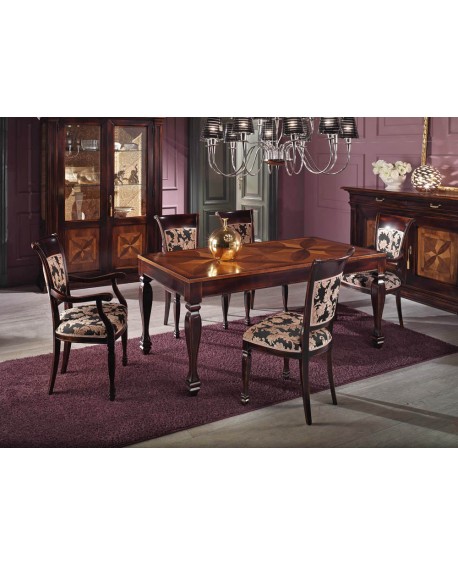 TAVOLO RETTANGOLARE ALLUN. INTARSIATO LEGNO MASSELLO L 170 (250) P 90 H 77