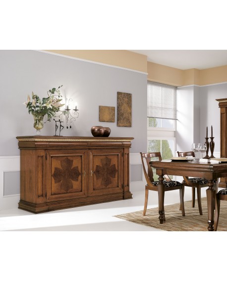 CREDENZONE IN LEGNO MASSELLO CON INTARSIO E PROFILO ORO FOGLIA L 211 P 58 H 114