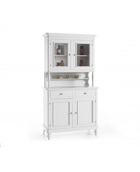CREDENZA BASE + ALZATA L 160 P 50 H 221 VETRINA IN LEGNO MASSELLO COL BIANCO