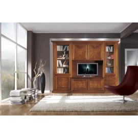 PARETE LIBRERIA PORTA TV L 298 P 56 H 237 LEGNO MASSELLO IN FINITURA NOCE BASSANO INTARSIATO