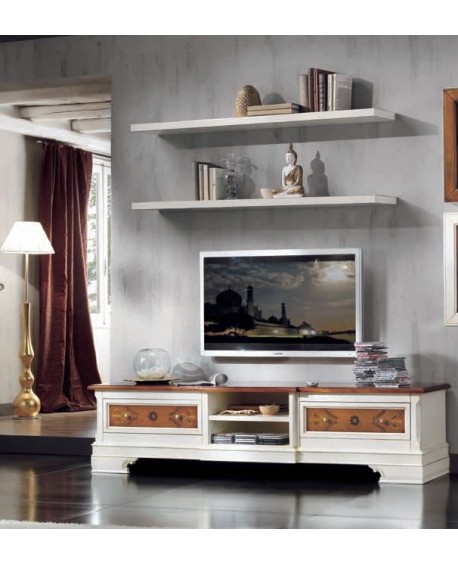 PORTA TV LEGNO MASSELLO CON INTARSIO BICOLORE L 200 P 52 H 50