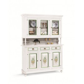 CRISTALLIERA LEGNO VETRINA BASE + ALZATA BIANCO OPACO DECORATO FIORI VERDE - codluis 333