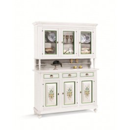CRISTALLIERA LEGNO VETRINA BASE + ALZATA BIANCO OPACO DECORATO FIORI VERDE - codluis 333