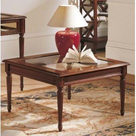 TAVOLINO CON FILETTO, PIANO IN VETRO E GAMBA TORNITA L.80 H.46,5 P.80