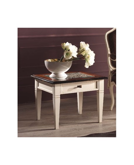 TAVOLINO QUADRATO C/CASSETTO, PIANO VETRO, TRAFORO INTERNO L.60 H.47,5 P.60