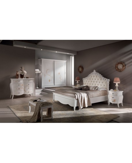 CAMERA COMPLETA LEGNO MASSELLO CON INTAGLIO ARMADIO ANTE SCORREVOLI LETTO COMO E COMODINI