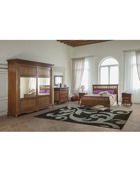 CAMERA COMPLETA LEGNO MASSELLO CON INTAGLIO ARMADIO ANTE SCORREVOLI LETTO COMO E COMODINI
