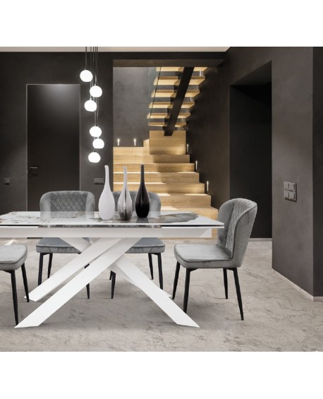 Tavolo allungabile 160x90 con 2 all. cm. 40 base metallo bianco e piano finitura bianco statuario