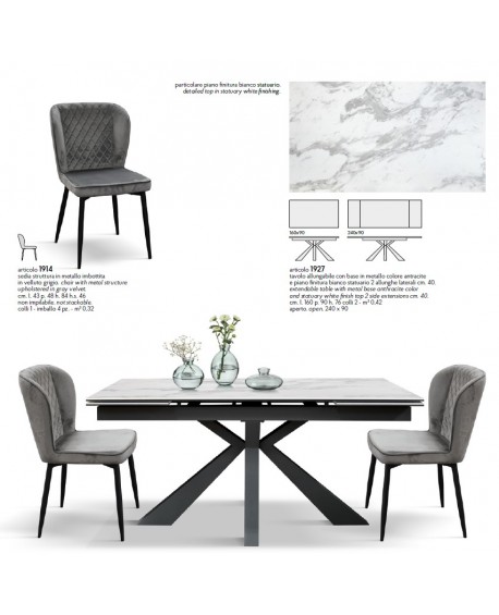 Tavolo allungabile 160x90 con 2 all. cm. 40 base metallo antracite e piano finitura bianco statutario
