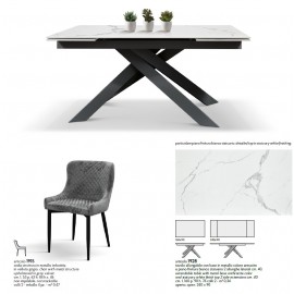 Tavolo allungabile 160x90 con 2 all. cm. 40 base metallo antracite e piano finitura bianco statutario