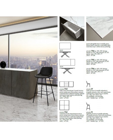 CREDENZA MADIA 2 ante ammortizzate e 3 cassetti 200x50 struttura acciaio ossidato e piano finitura bianco statuario