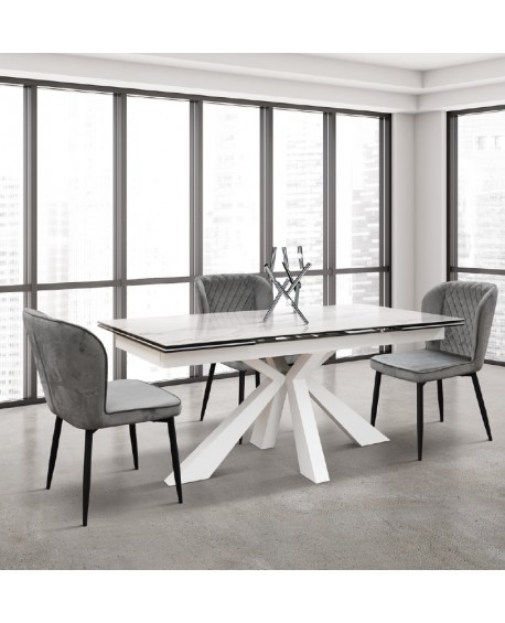 Tavolo allungabile 160x90 con 2 all. cm. 40 base metallo bianco e piano finitura bianco statuario