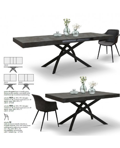 Tavolo allungabile 140x90 con 2 all. centrali cm. 40 base in metallo e piano finitura acciaio ossidato