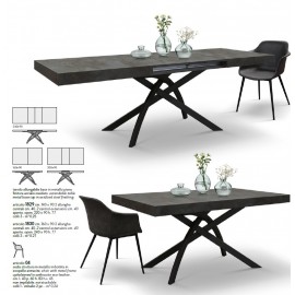 Tavolo allungabile 160x90 con 2 all. centrali cm. 40 base in metallo e piano finitura acciaio ossidato