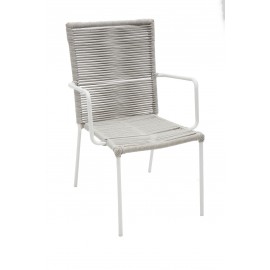 Poltrona con braccioli in ferro bianco con seduta in corda grigio                          L.60 H.91 P.63 HS.43