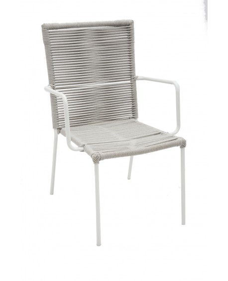 Poltrona con braccioli in ferro bianco con seduta in corda grigio                          L.60 H.91 P.63 HS.43
