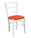 Sedia laccato bianco con fondino ecopelle arancione
L.43 H.88 P.42 HS.47