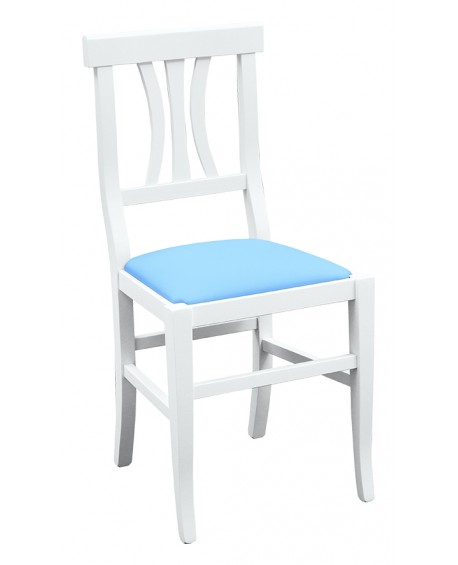 Sedia laccato bianco con fondino ecopelle azzurroL.46 H.90 P.44 HS.48