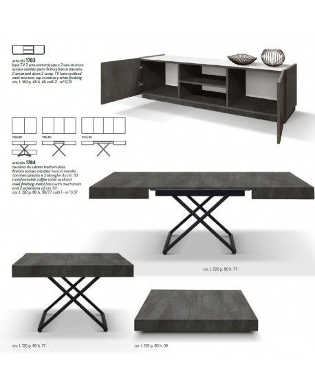 Tavolino trasformabile 120x80 con 2 all. cm. 50 struttura metallo e piano finitura acciaio ossidato