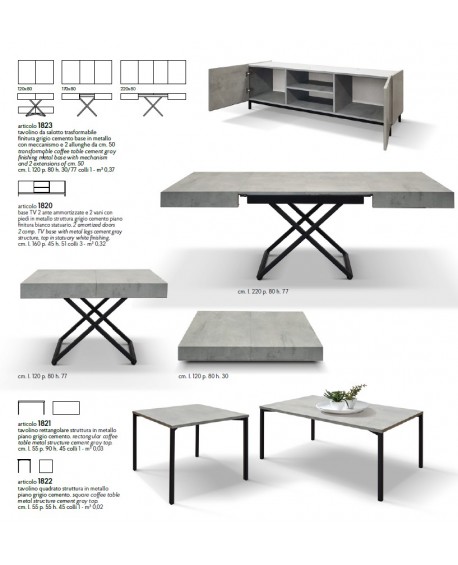 Tavolino rettangolare 55x90 struttura metallo e piano finitura grigio cemento