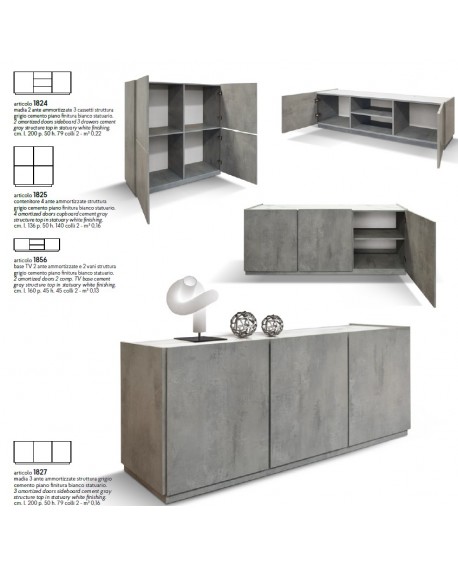 CREDENZA MADIA 3 ante ammortizzate 200x50 struttura grigio cemento e piano finitura bianco statuario