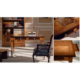 scrittoio legno intarsio 2 cassetti e tirelli l 129  p 69 h 78