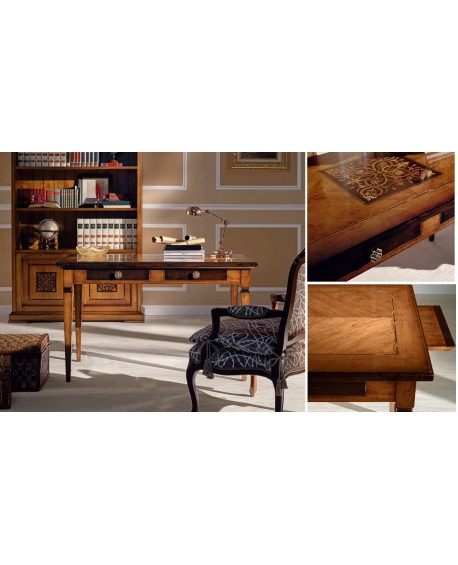scrittoio legno intarsio 2 cassetti e tirelli l 129  p 69 h 78