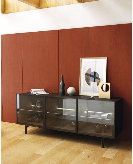 Credenza tre ante a vetro in massello e listellare frassino