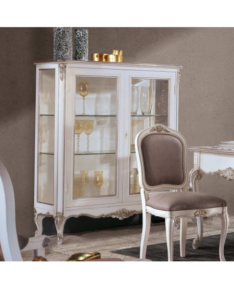 Vetrina L 130 P 47 H 150 in legno massello intagliata vari colori foglia oro e foglia argento