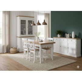 SALA COMPLETA VETRINA CREDENZA TAVOLO 4 SEDIE VARI COLORI LEGNO MASSELLO