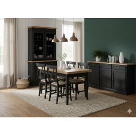 SALA COMPLETA VETRINA CREDENZA TAVOLO 4 SEDIE VARI COLORI LEGNO MASSELLO