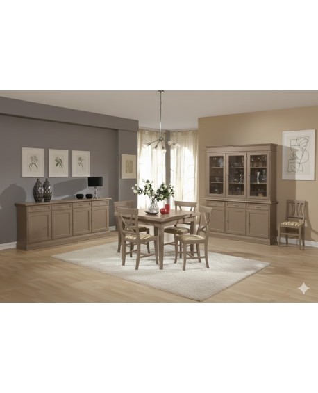SALA COMPLETA VETRINA CREDENZA TAVOLO 4 SEDIE VARI COLORI LEGNO MASSELLO