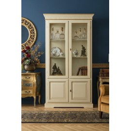 VETRINA LIBRERIA 2 ANTE LEGNO COLORE AVORIO BORDO ORO